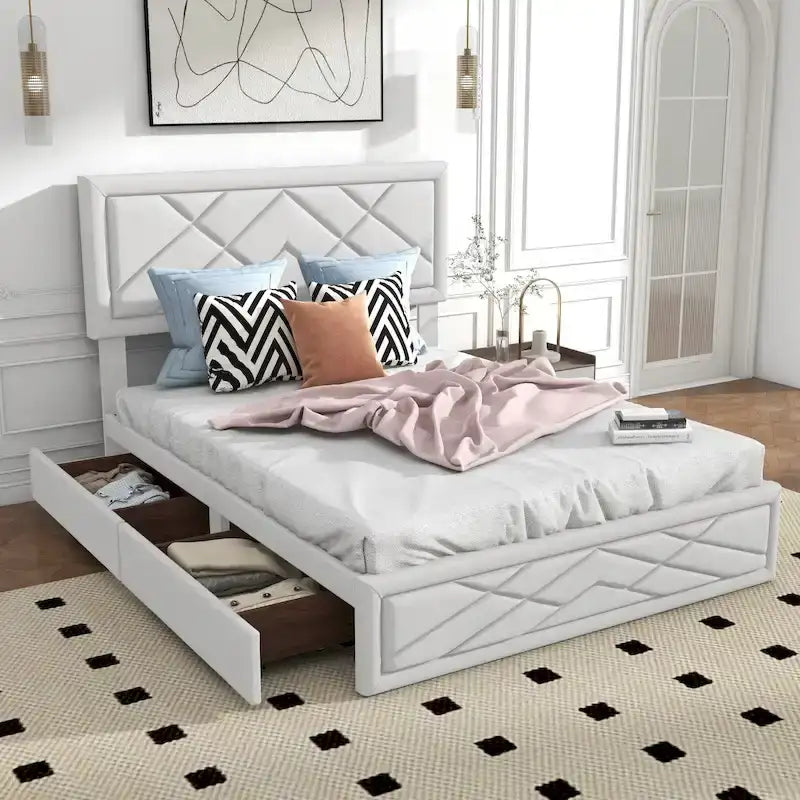 Lit plateforme Queen avec tête de lit et cadre de rangement