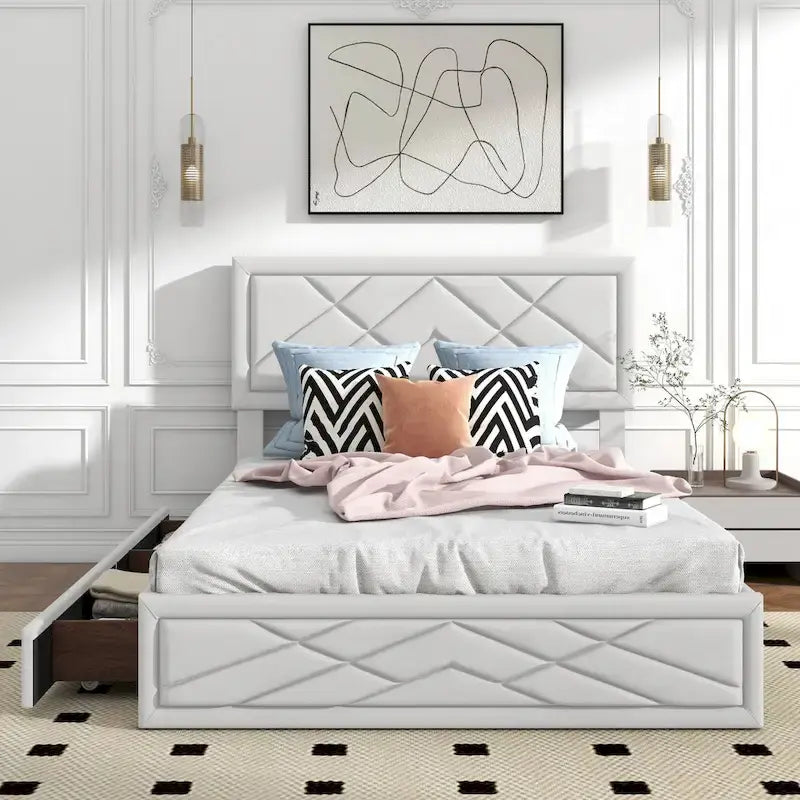 Lit plateforme Queen avec tête de lit et cadre de rangement