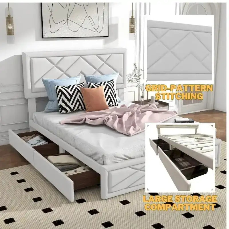 Lit plateforme Queen avec tête de lit et cadre de rangement