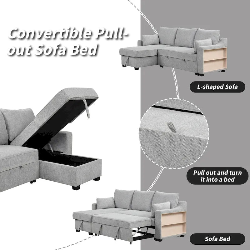 Canapé d'angle convertible en L avec rangement, 2 oreillers et port USB pour salon