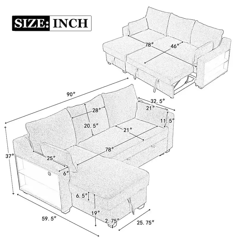 Canapé d'angle convertible en L avec rangement, 2 oreillers et port USB pour salon
