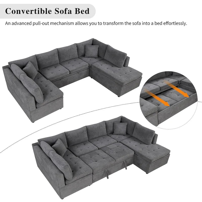 Canapé d'angle convertible en L avec rangement, 2 oreillers et port USB pour salon