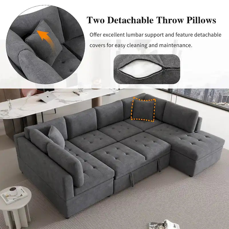Canapé d'angle convertible en L avec rangement, 2 oreillers et port USB pour salon