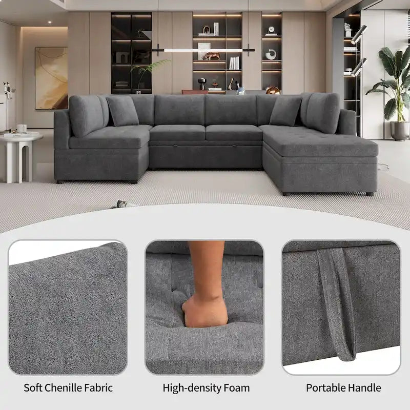 Canapé d'angle convertible en L avec rangement, 2 oreillers et port USB pour salon