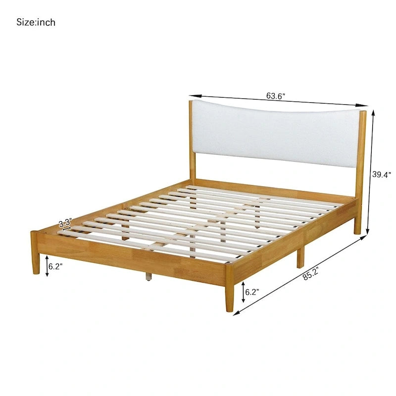 Lit queen size en bois d'hévéa, lit en bois massif avec tête de lit rembourrée