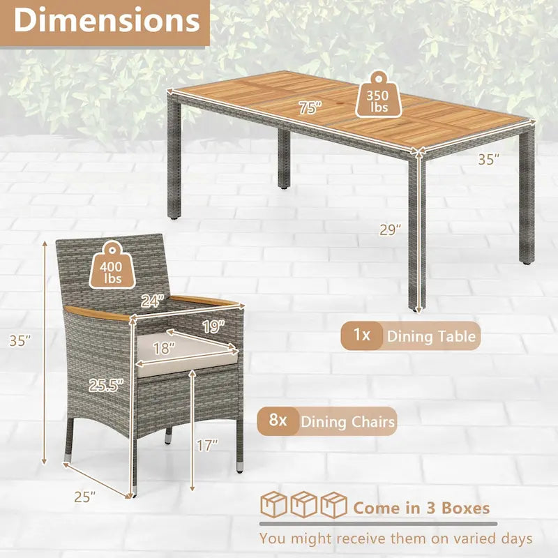 Costway Ensemble de salle à manger d'extérieur 9 pièces pour 8 personnes avec table et chaises en rotin PE