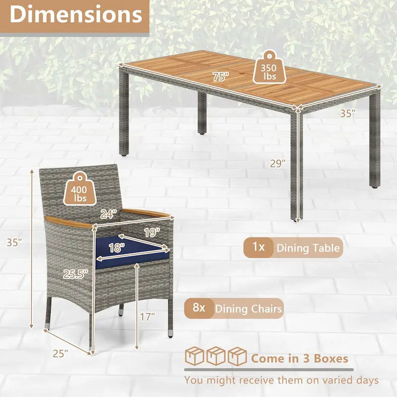 Costway Ensemble de salle à manger d'extérieur 9 pièces pour 8 personnes avec table et chaises en rotin PE