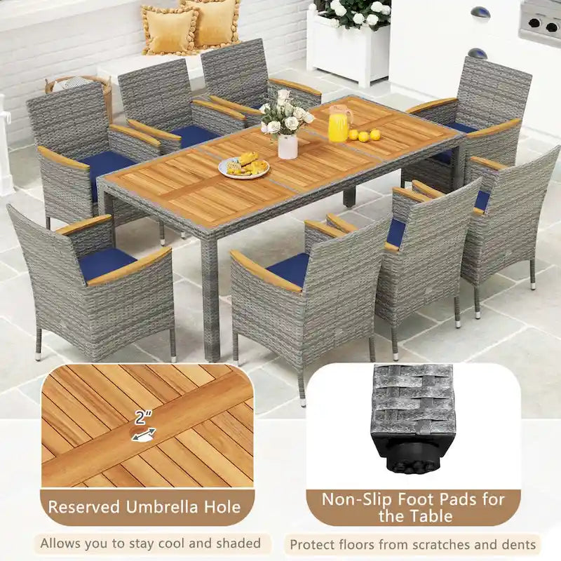 Costway Ensemble de salle à manger d'extérieur 9 pièces pour 8 personnes avec table et chaises en rotin PE