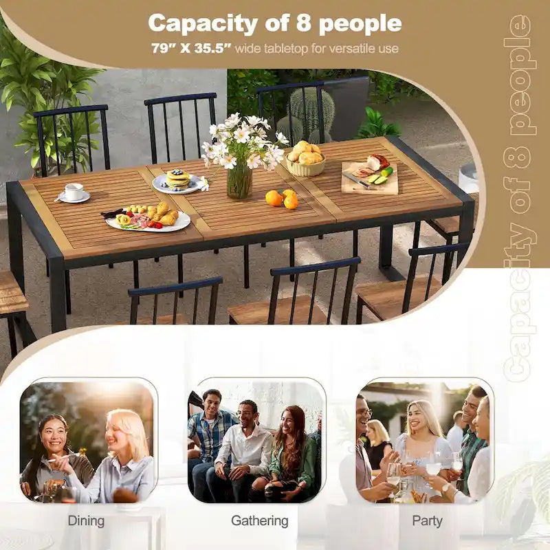 Costway Table de patio 8 personnes en bois d'acacia de 79 po avec trou pour parasol de 1,9 po - Voir les détails