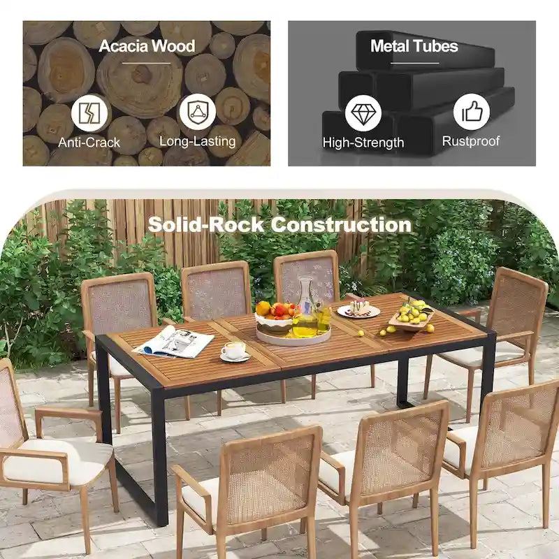 Costway Table de patio 8 personnes en bois d'acacia de 79 po avec trou pour parasol de 1,9 po - Voir les détails