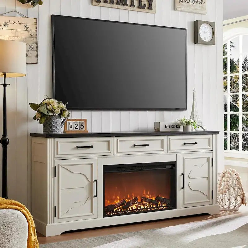 Meuble TV de cheminée de ferme pour téléviseurs jusqu'à 80", centre de divertissement