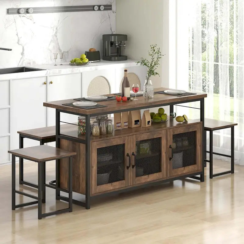 Ensemble îlot de cuisine Costway 4 pièces avec banc et rangement robuste - Voir détails