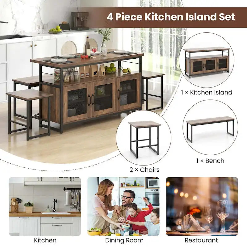 Ensemble îlot de cuisine Costway 4 pièces avec banc et rangement robuste - Voir détails