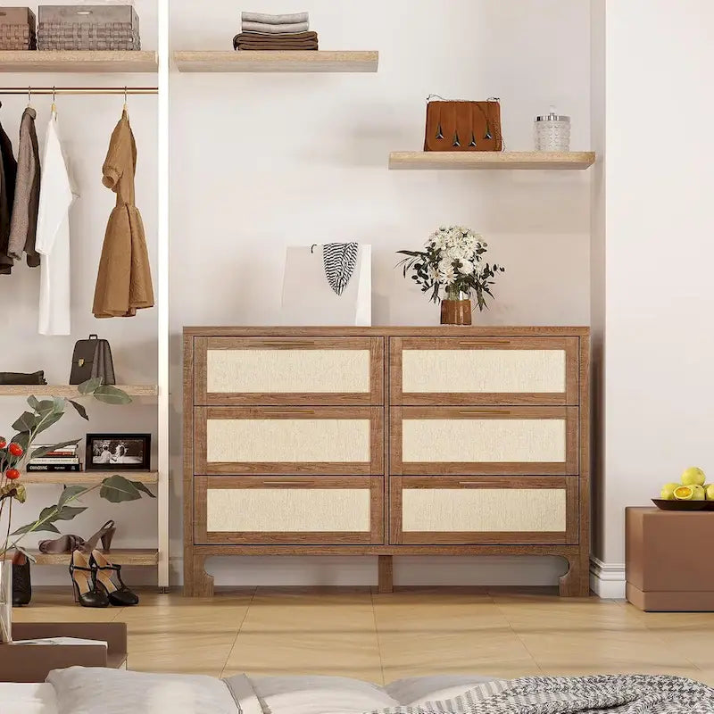 GAOMON Commode 6 tiroirs pour chambre à coucher, style rustique en toile de jute, commode large