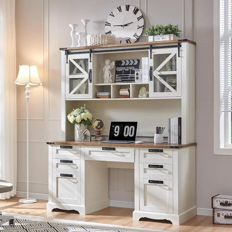Farmhouse Desk, Wood Home Office Executive Desk with Charging Station