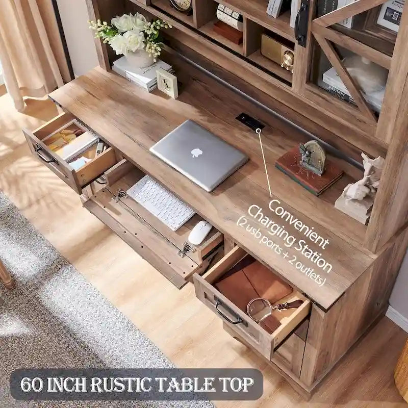 Bureau de style ferme, bureau de direction en bois avec station de recharge