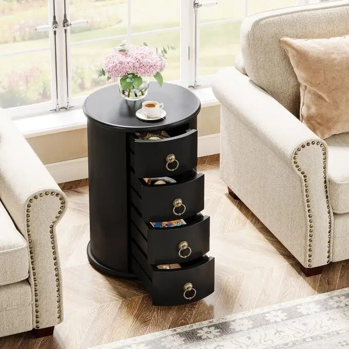 Table d'appoint ronde en bois massif, sans assemblage, petite table de chevet avec tiroirs