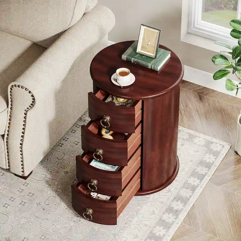 Table d'appoint ronde en bois massif, sans assemblage, petite table de chevet avec tiroirs