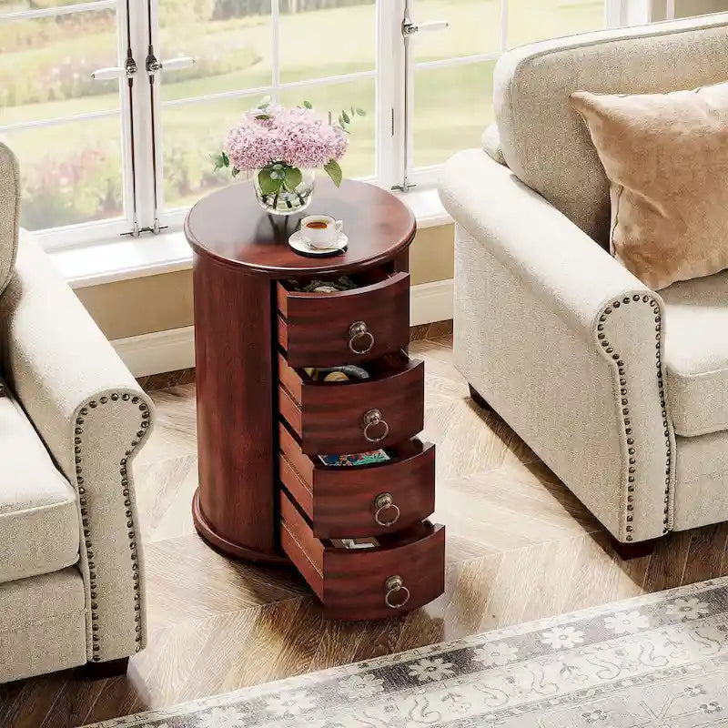 Table d'appoint ronde en bois massif, sans assemblage, petite table de chevet avec tiroirs