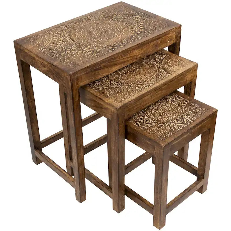 Ensemble de 3 tables gigognes mandalas empilables marron noyer 24