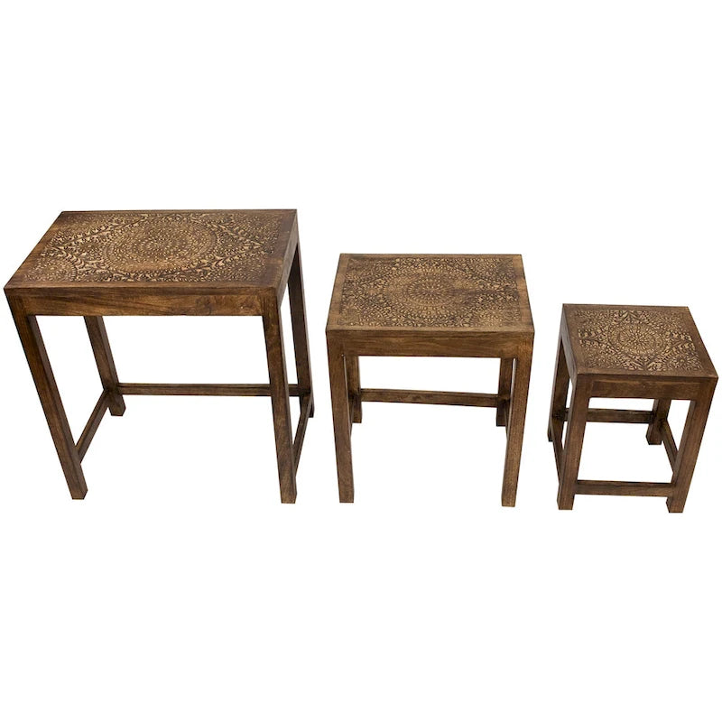 Ensemble de 3 tables gigognes mandalas empilables marron noyer 24