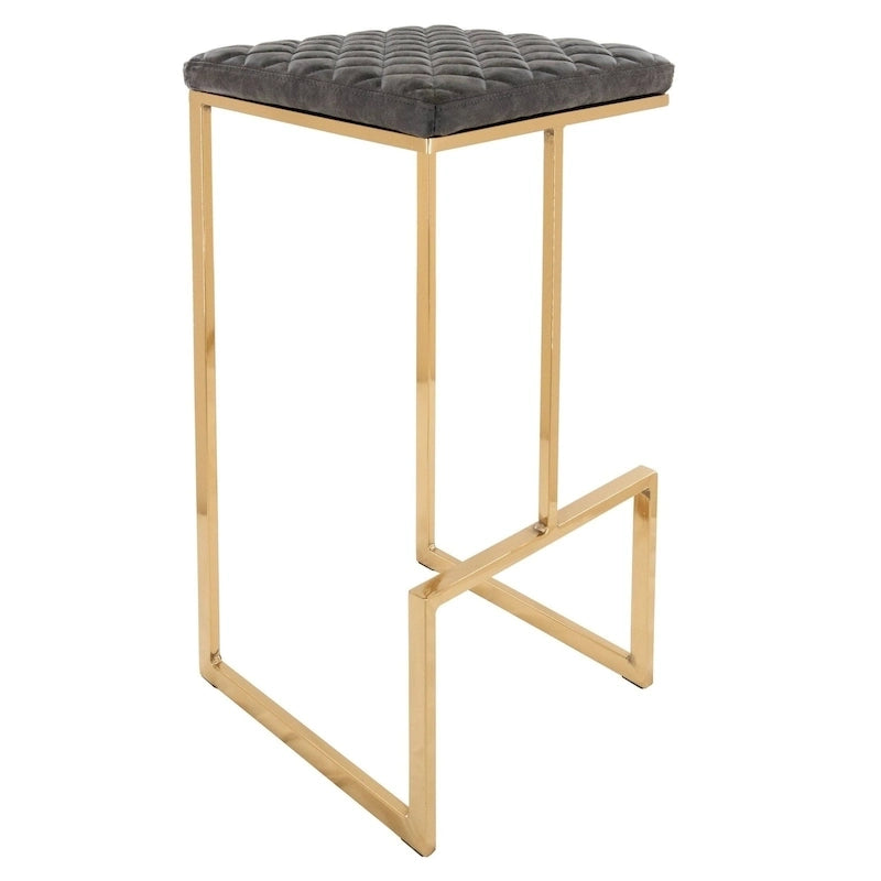 Tabouret de bar moderne en cuir Quincy avec assise carrée rembourrée en métal doré et repose-pieds pour bar à la maison et comptoir de cuisine