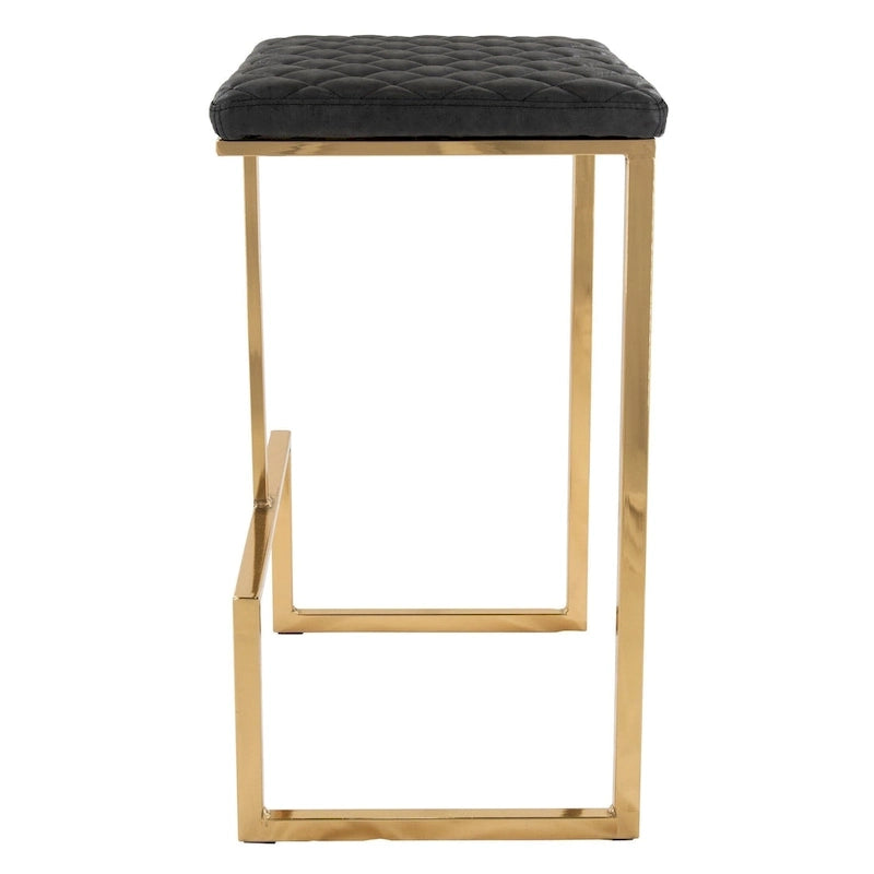Tabouret de bar moderne en cuir Quincy avec assise carrée rembourrée en métal doré et repose-pieds pour bar à la maison et comptoir de cuisine