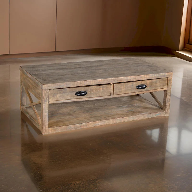 Rany Cocktail Table, 2 Drawers, Shelf, 48 Inch Rectangular Light Brown