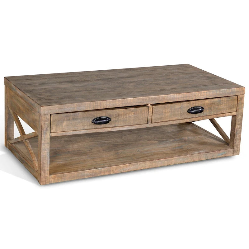 Table Basse Rany, 2 Tiroirs, Étagère, 48 Pouces Rectangulaire Marron Clair