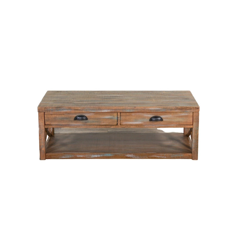 Table Basse Rany, 2 Tiroirs, Étagère, 48 Pouces Rectangulaire Marron Clair