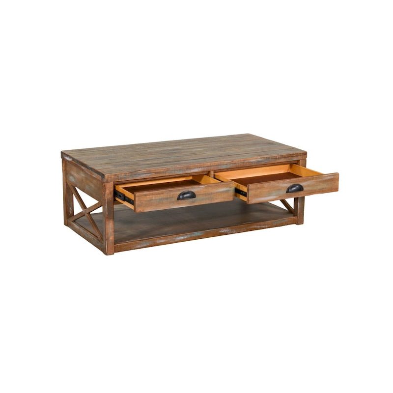 Table Basse Rany, 2 Tiroirs, Étagère, 48 Pouces Rectangulaire Marron Clair