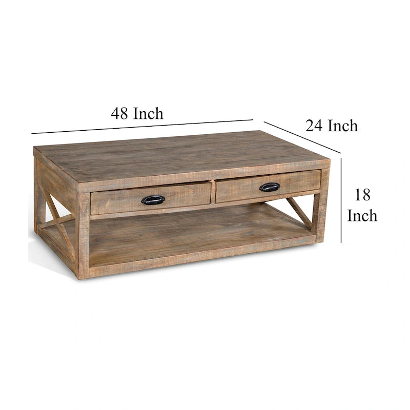 Table Basse Rany, 2 Tiroirs, Étagère, 48 Pouces Rectangulaire Marron Clair