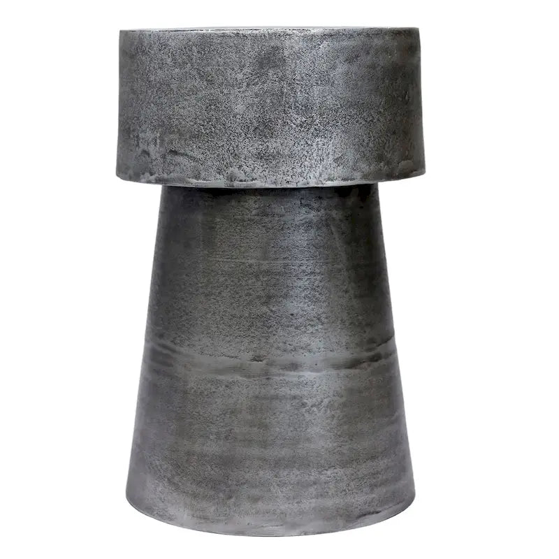 Table d'appoint vintage, ronde de 15,5 pouces, piétement tambour en aluminium coulé argent antique