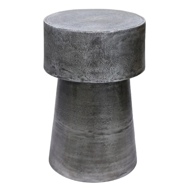 Table d'appoint vintage, ronde de 15,5 pouces, piétement tambour en aluminium coulé argent antique
