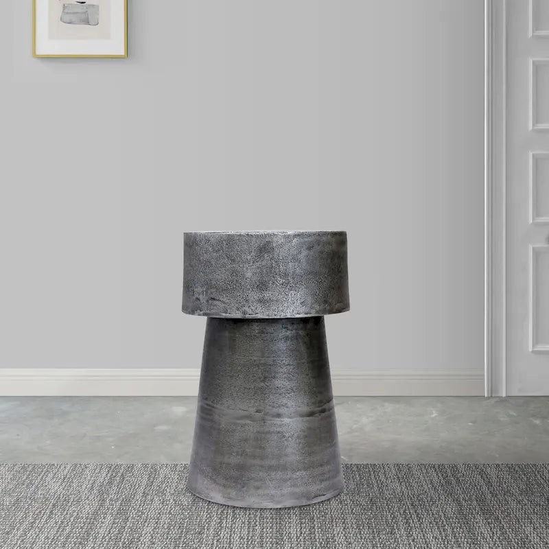 Table d'appoint vintage, ronde de 15,5 pouces, piétement tambour en aluminium coulé argent antique