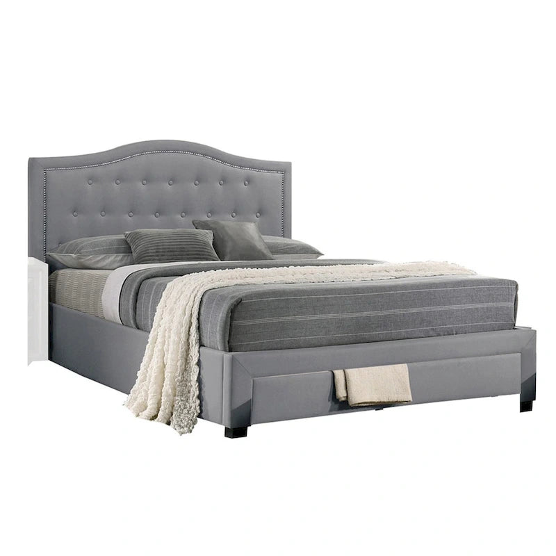 Lit King Size de Californie Sey avec tiroir de rangement, tapisserie en toile de jute gris clair