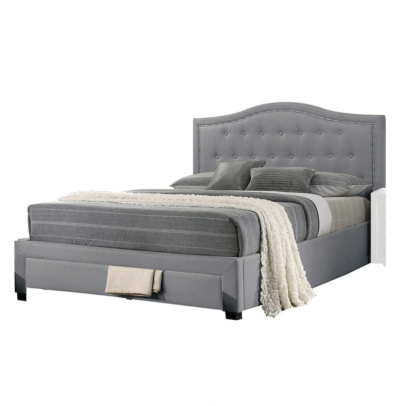 Lit King Size de Californie Sey avec tiroir de rangement, tapisserie en toile de jute gris clair