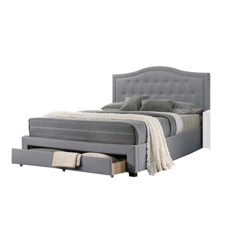 Lit King Size de Californie Sey avec tiroir de rangement, tapisserie en toile de jute gris clair