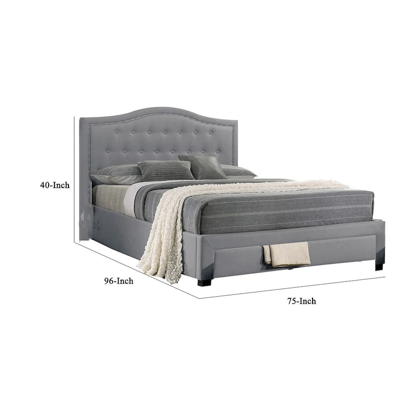 Lit King Size de Californie Sey avec tiroir de rangement, tapisserie en toile de jute gris clair