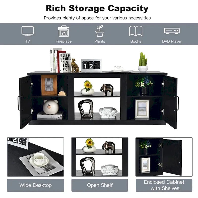 Meuble TV console de 58 po de largeur avec 2 armoires pour téléviseur de 65 po, noir