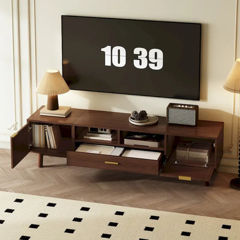 Meuble TV en bois massif brun foncé pour téléviseurs de 75 pouces, console TV avec porte à fermeture amortie et meuble à porte abattante.