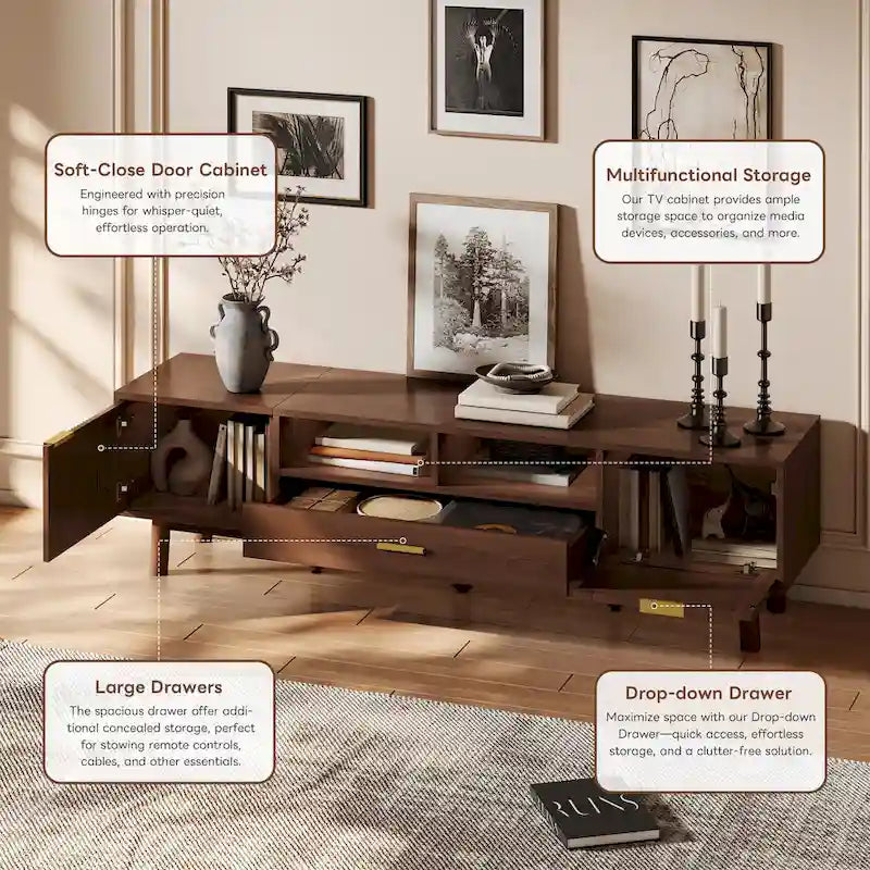 Meuble TV en bois massif brun foncé pour téléviseurs de 75 pouces, console TV avec porte à fermeture amortie et meuble à porte abattante.