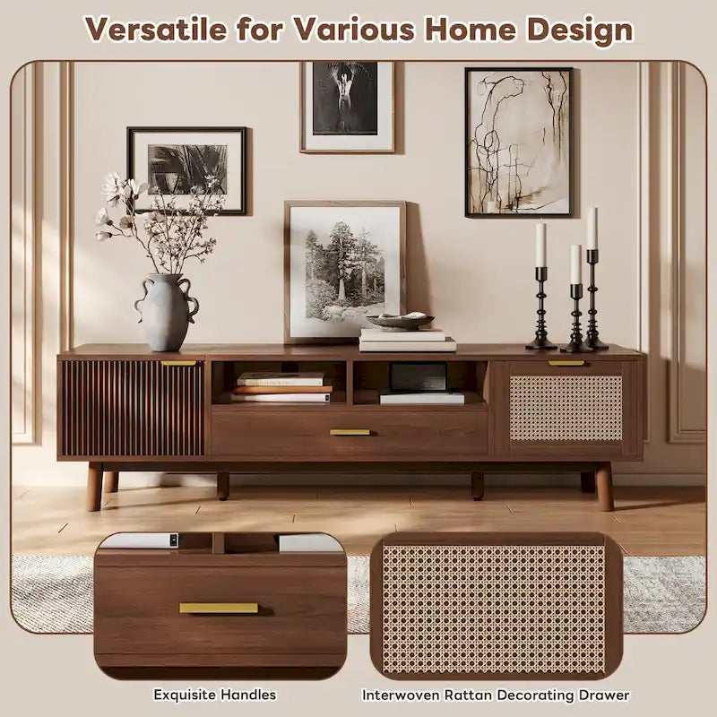 Meuble TV en bois massif brun foncé pour téléviseurs de 75 pouces, console TV avec porte à fermeture amortie et meuble à porte abattante.