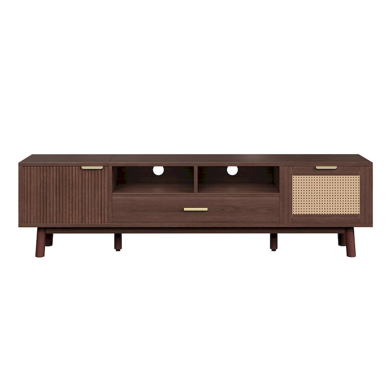 Meuble TV en bois massif brun foncé pour téléviseurs de 75 pouces, console TV avec porte à fermeture amortie et meuble à porte abattante.