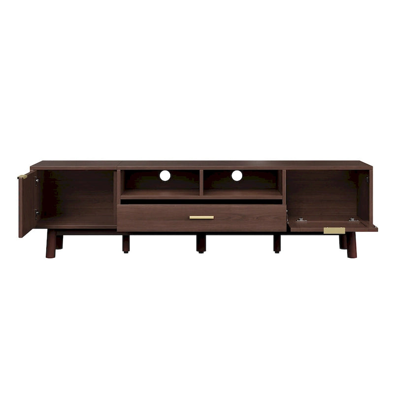 Meuble TV en bois massif brun foncé pour téléviseurs de 75 pouces, console TV avec porte à fermeture amortie et meuble à porte abattante.