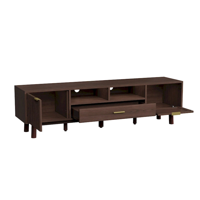 Meuble TV en bois massif brun foncé pour téléviseurs de 75 pouces, console TV avec porte à fermeture amortie et meuble à porte abattante.