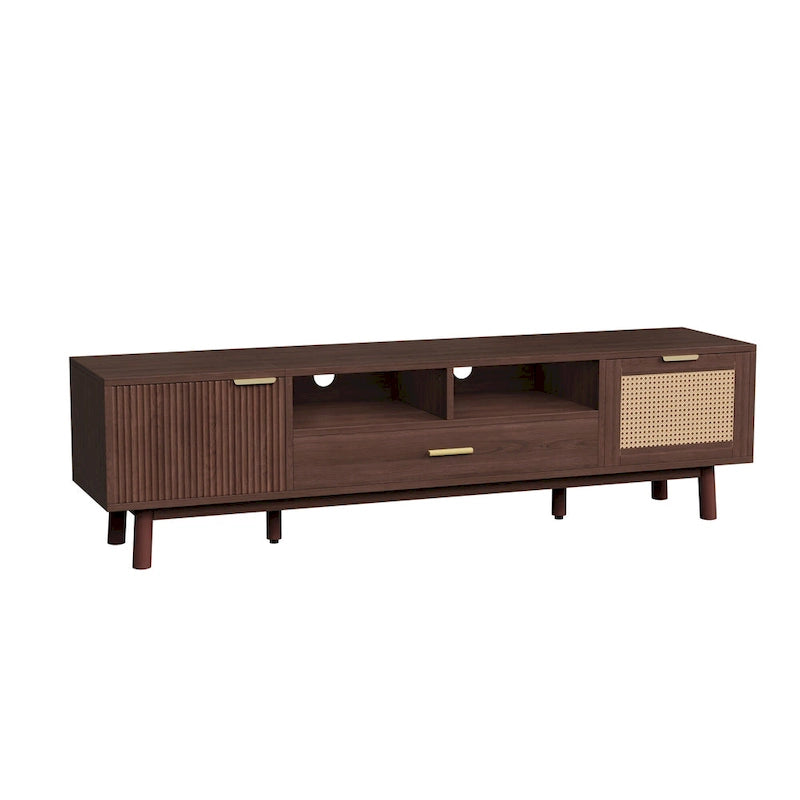 Meuble TV en bois massif brun foncé pour téléviseurs de 75 pouces, console TV avec porte à fermeture amortie et meuble à porte abattante.