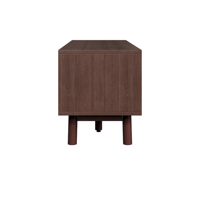 Meuble TV en bois massif brun foncé pour téléviseurs de 75 pouces, console TV avec porte à fermeture amortie et meuble à porte abattante.