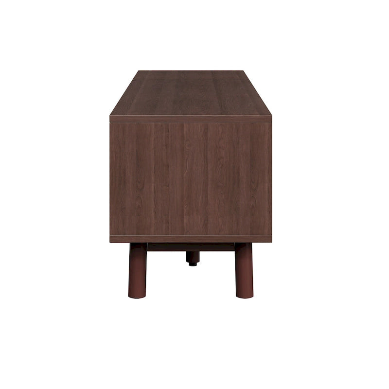 Meuble TV en bois massif brun foncé pour téléviseurs de 75 pouces, console TV avec porte à fermeture amortie et meuble à porte abattante.