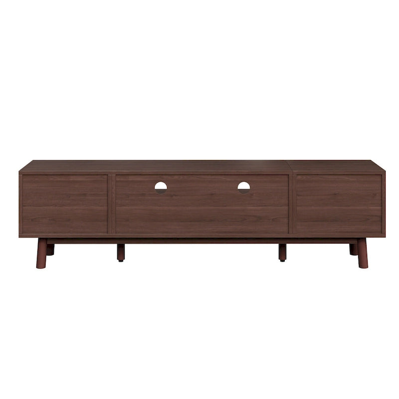 Meuble TV en bois massif brun foncé pour téléviseurs de 75 pouces, console TV avec porte à fermeture amortie et meuble à porte abattante.